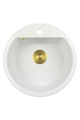 GraniteMy Bremen runder Granitspülbecken 43 cm weiß Aufbau und Unterbau mit Armaturenlochbank mit Goldstecker 1208971219