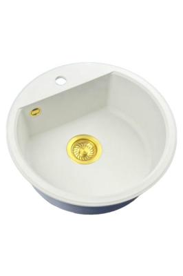 GraniteMy Bremen runder Granitspülbecken 43 cm weiß Aufbau und Unterbau mit Armaturenlochbank mit Goldstecker 1208971219