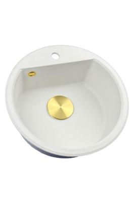GraniteMy Bremen runder Granitspülbecken 43 cm weiß Aufbau und Unterbau mit Armaturenlochbank mit Goldstecker 1208971219