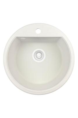 GraniteMy Bremen runde Granitspüle 43 cm weiß Aufbau und Unterbau mit Lochbank für Wasserhahn mit weißem Plug 1208971221