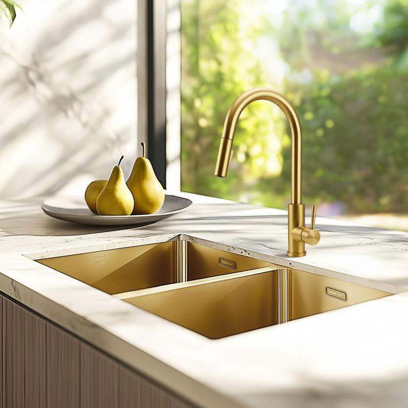 Pure.Sink Prestige Doppelte Goldene Spüle 70x40 cm 10mm Radius Unterbau, Flachbau und Aufbau PPG343440-60