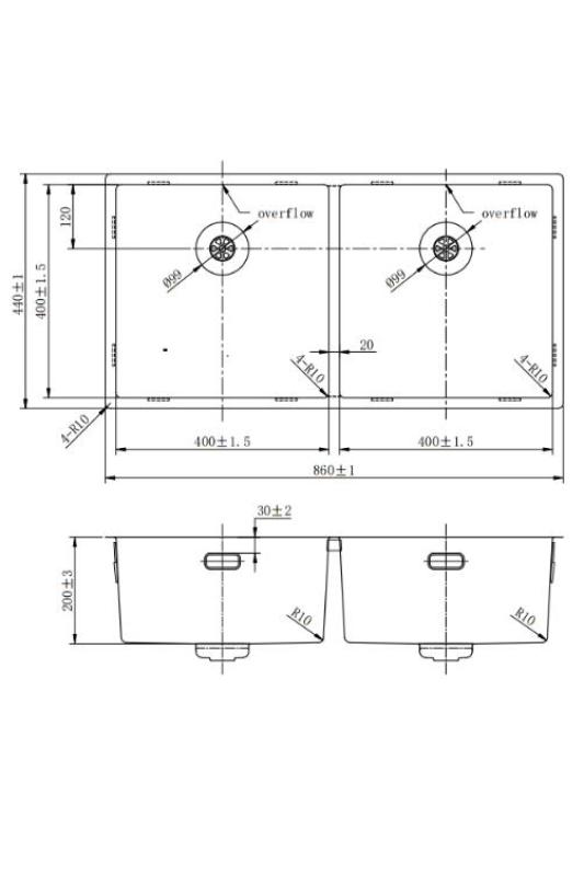 Pure.Sink Prestige Doppelte Edelstahlspüle 82x40 cm 10mm Radius Unterbau, Flachbau und Aufbau PPG404040-02