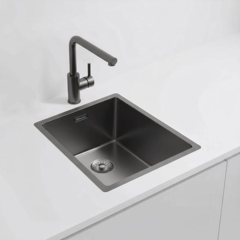 Pure.Sink Exclusivo Gun Metal Spüle 34x40 cm 10mm Radius Unterbau, Flächenbündig und Aufbau PEX3440-61