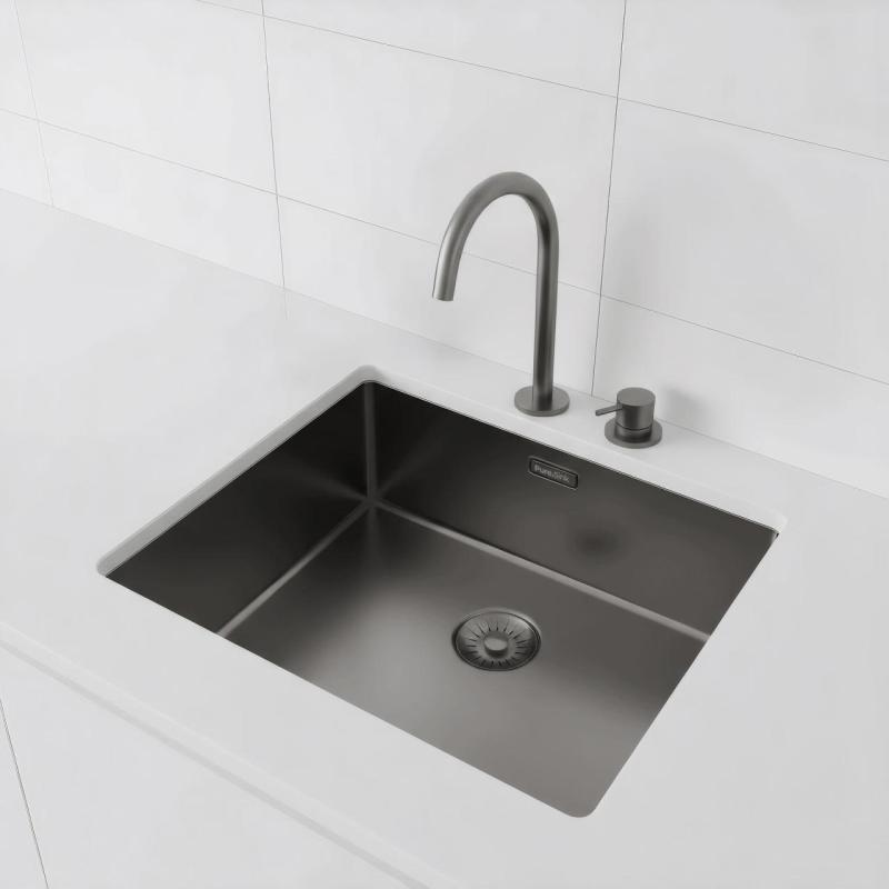 Pure.Sink Exclusivo Gun Metal Spüle 50x40 cm 10mm Radius Unterbau, Flächenbündiger Einbau und Aufbau PEX5040-61