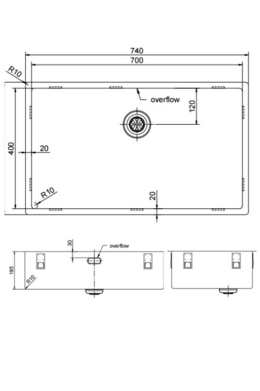 Pure.Sink Exclusivo großer Edelstahlspüle 70x40 cm 10mm Radius Unterbau, Flacheneinbau und Aufbau PEX7040-02
