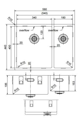 Pure.Sink Exclusivo Goldene 1,5 anderthalbe Spüle 34+18 cm 10mm Radius PEX341840-60