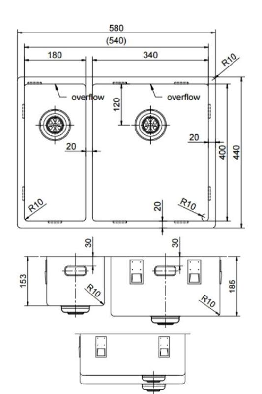 Pure.Sink Exclusivo Goldene 1,5 anderthalb Spüle 18+34 cm 10mm Radius PEX183440-60