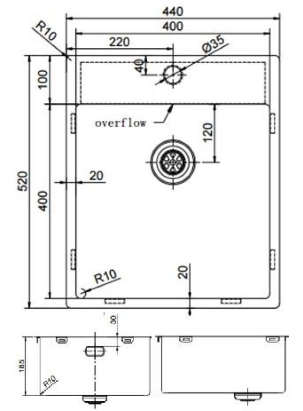 Pure.Sink Exclusivo RVS Spüle 44x52 cm Tapwing mit Lochbank für Wasserhahn 10mm Radius PEX4040T-02
