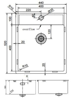 Pure.Sink Exclusivo Kupferspüle 44x52 cm Tapwing mit Lochbank 10mm Radius PEX4040T-62