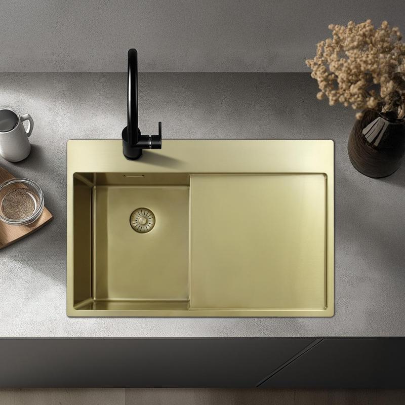 Pure.Sink Exclusivo Goldenes kleines Spülbecken mit Abtropffläche 78 x 52 cm Wasserhahn rechts PEX3478RT-60