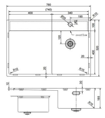 Pure.Sink Exclusivo Gun Metal kleines Spülbecken mit Abtropffläche 78x52 cm Tapwing rechts PEX3478RT-61