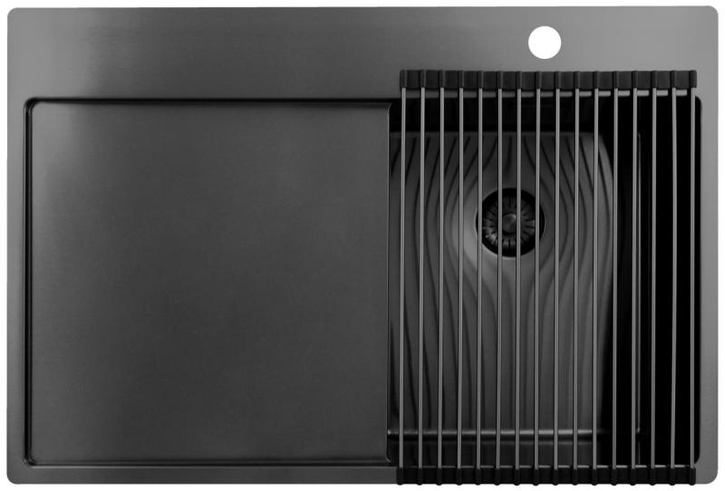 Pure.Sink Exclusivo Gun Metal kleines Spülbecken mit Abtropffläche 78x52 cm Tapwing rechts PEX3478RT-61