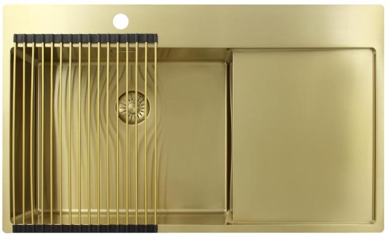 Pure.Sink Exclusivo Goldfarbene Spüle mit Abtropffläche 86 x 52 cm Wasserhahn links PEX5086LT-60