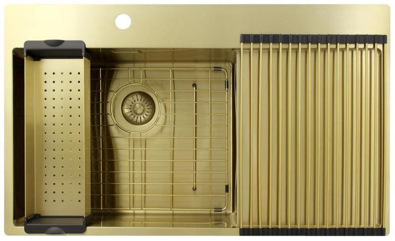 Pure.Sink Exclusivo Goldfarbene Spüle mit Abtropffläche 86 x 52 cm Wasserhahn links PEX5086LT-60