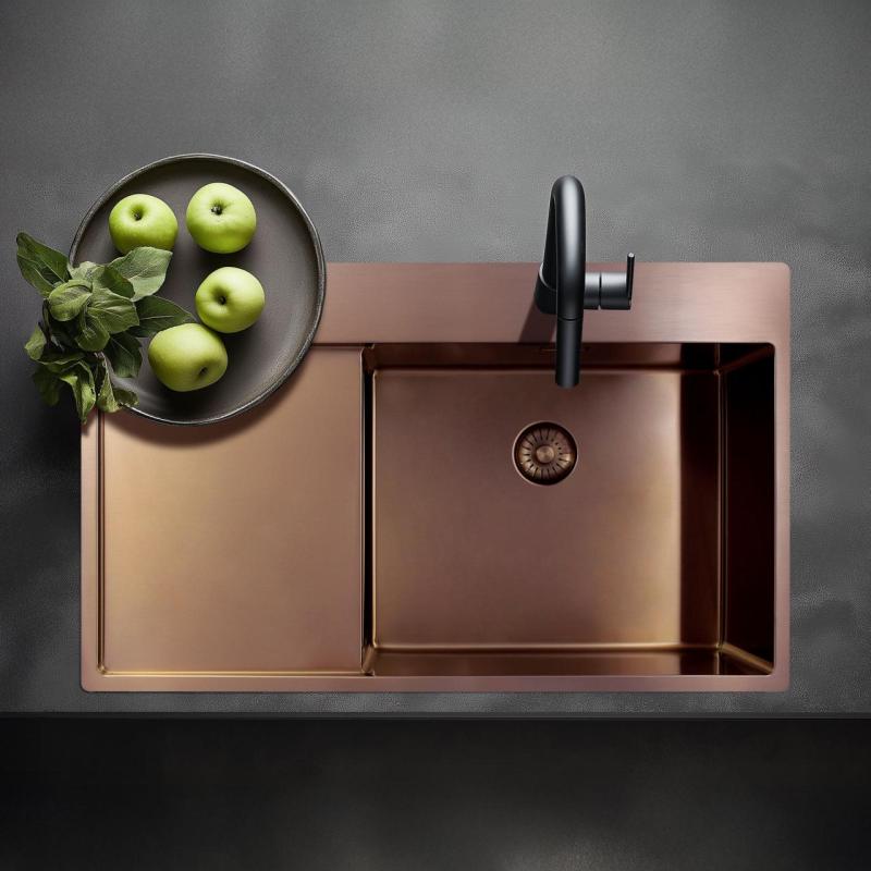 Pure.Sink Exclusivo Kupfer Spülbecken mit Abtropffläche 86x52 cm Tapwing rechts PEX5086RT-62