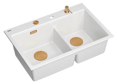 Quadri Hard Rock Doppeltes weißes Granit-Aufbauwaschbecken 76 x 50 cm mit Kupferstecker und Zubehör 1208971357