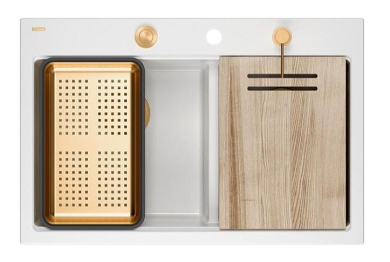 Quadri Hard Rock Doppeltes weißes Granit-Aufbauwaschbecken 76 x 50 cm mit Kupferstecker und Zubehör 1208971357