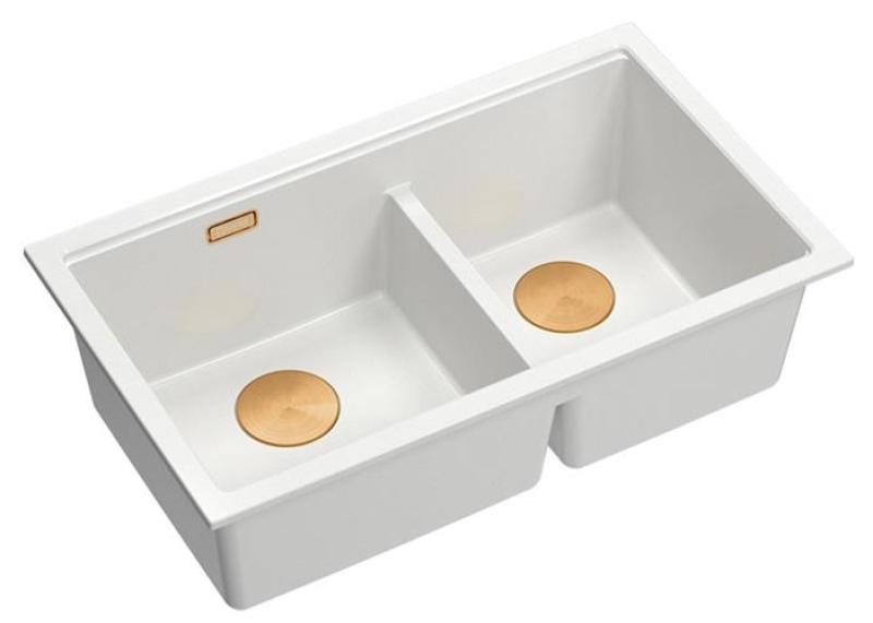 Quadri Newport II Doppelte Weiße Granit Aufbau Spüle 76x45 cm mit Kupferstopfen 1208971358