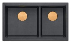 Quadri Newport II Doppeltes Anthrazit Granit Aufbau Spülbecken 76x45 cm mit Kupferstopfen 1208971359