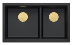 Quadri Newport II Doppelspüle in Schwarzem Granit Aufbau 76x45 cm mit Goldenem Stopfen 1208971366