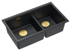 Quadri Newport II Doppelspüle in Schwarzem Granit Aufbau 76x45 cm mit Goldenem Stopfen 1208971366