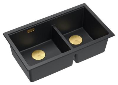 Quadri Newport II Doppelspüle in Schwarzem Granit Aufbau 76x45 cm mit Goldenem Stopfen 1208971366