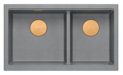 Quadri Newport II Doppelte Graue Granit Unterbau Spüle 702 x 390 mm mit Kupferstöpsel 1208971375