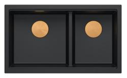 Quadri Newport II Doppelte Schwarze Granit Unterbau Spüle 702 x 390 mm mit Kupferstopfen 1208971376
