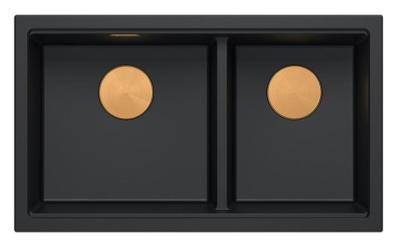 Quadri Newport II Doppelte Schwarze Granit Unterbau Spüle 702 x 390 mm mit Kupferstopfen 1208971376