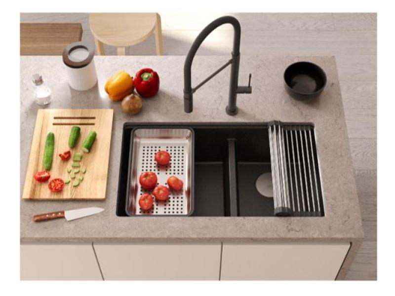 Quadri Newport II Doppelte Weiße Granit Unterbau Spüle 702 x 390 mm mit goldenem Stecker 1208971378