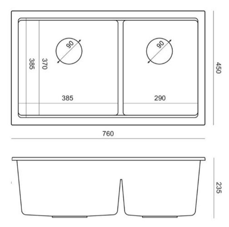 Quadri Newport II Doppelte Schwarze Granit Unterbau Spüle 702 x 390 mm mit goldenem Stopfen 1208971381