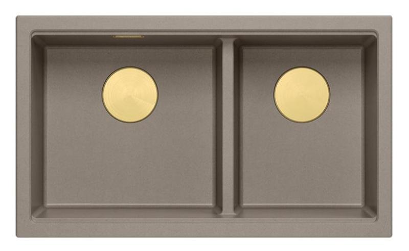 Quadri Newport II Doppelte Taupe Granit Unterbau Spüle 702 x 390 mm mit goldenem Plug 1208971382