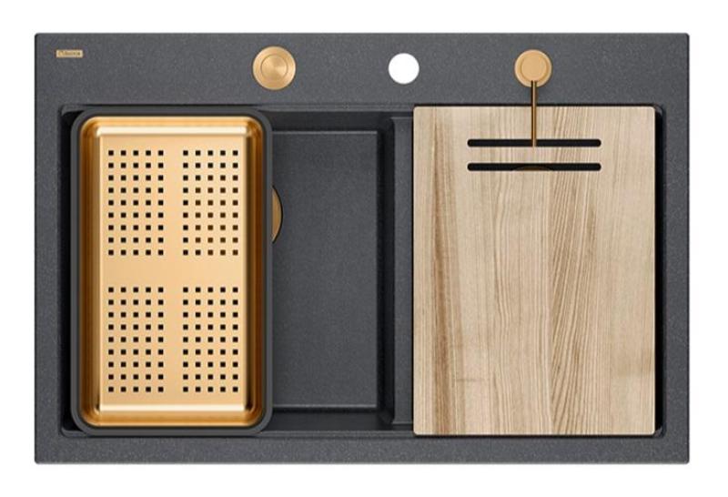 Quadri Hard Rock Doppel Anthrazit Granit Aufbauwaschbecken 76x50 cm mit Kupferstöpsel und Zubehör 1208971388