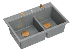 Quadri Hard Rock Doppelte Graue Granit Aufbau Spüle 76x50 cm mit Kupferstöpsel und Zubehör 1208971389
