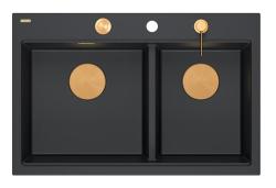 Quadri Hard Rock Doppelte Schwarze Granit Aufbau Spüle 76x50 cm mit Kupferstopfen und Zubehör 1208971390