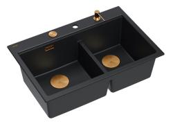 Quadri Hard Rock Doppelte Schwarze Granit Aufbau Spüle 76x50 cm mit Kupferstopfen und Zubehör 1208971390