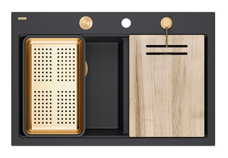 Quadri Hard Rock Doppelte Schwarze Granit Aufbau Spüle 76x50 cm mit Kupferstopfen und Zubehör 1208971390