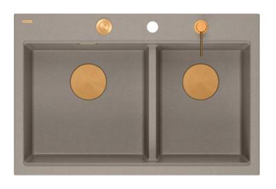 Quadri Hard Rock Doppelte Taupe Granit Aufbau Spüle 76x50 cm mit Kupferstöpsel und Zubehör 1208971391