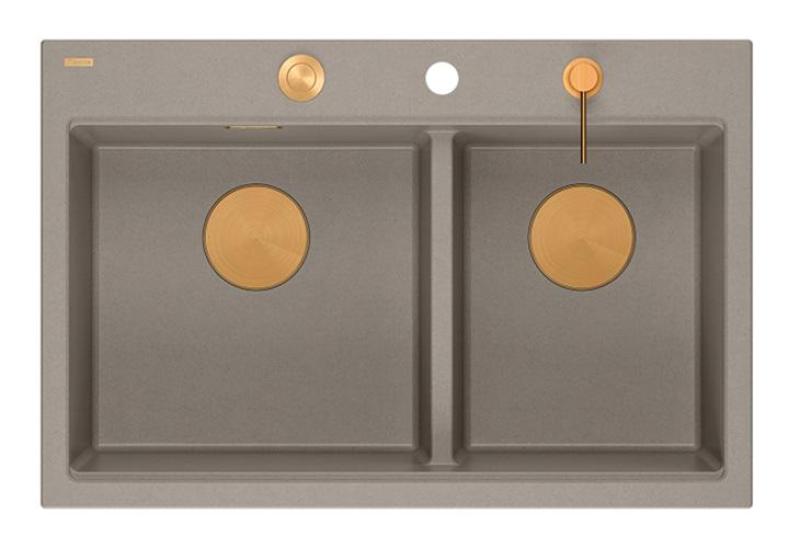 Quadri Hard Rock Doppelte Taupe Granit Aufbau Spüle 76x50 cm mit Kupferstöpsel und Zubehör 1208971391