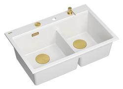 Quadri Hard Rock Doppelter Weißer Granit Aufbauwaschbecken 76x50 cm mit goldenem Stopfen und Zubehör 1208971392