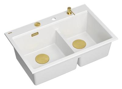 Quadri Hard Rock Doppelter Weißer Granit Aufbauwaschbecken 76x50 cm mit goldenem Stopfen und Zubehör 1208971392