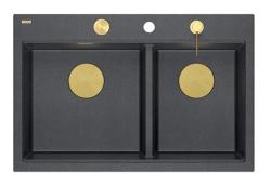 Quadri Hard Rock Doppel Anthrazit Granit Aufbau Spüle 76x50 cm mit goldenem Stopfen und Zubehör 1208971393