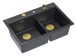 Quadri Hard Rock Doppel Anthrazit Granit Aufbau Spüle 76x50 cm mit goldenem Stopfen und Zubehör 1208971393