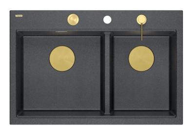 Quadri Hard Rock Doppel Anthrazit Granit Aufbau Spüle 76x50 cm mit goldenem Stopfen und Zubehör 1208971393