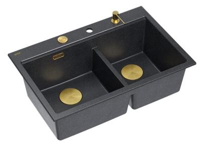 Quadri Hard Rock Doppel Anthrazit Granit Aufbau Spüle 76x50 cm mit goldenem Stopfen und Zubehör 1208971393