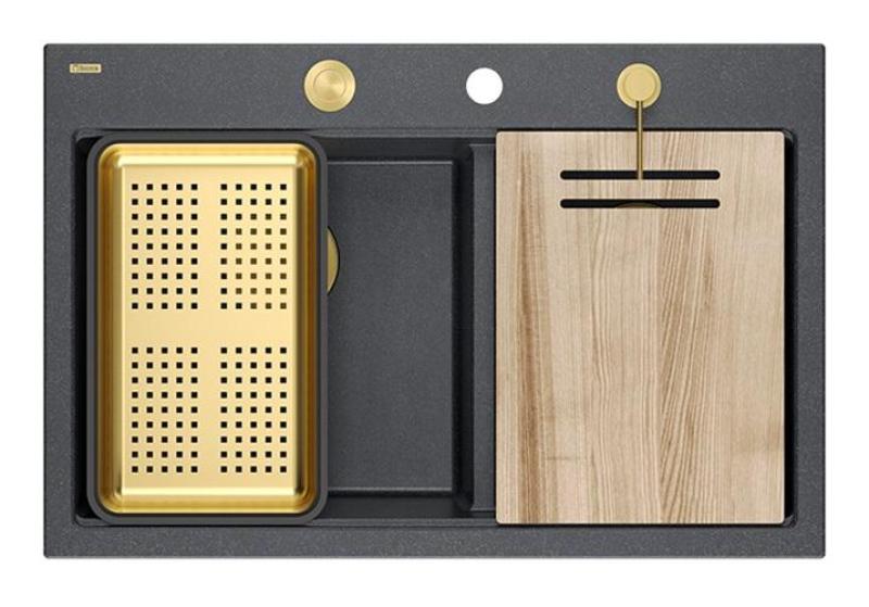 Quadri Hard Rock Doppel Anthrazit Granit Aufbau Spüle 76x50 cm mit goldenem Stopfen und Zubehör 1208971393