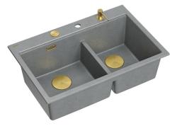 Quadri Hard Rock Doppelgraue Granit-Aufbauspüle 76x50 cm mit goldenem Stopfen und Zubehör 1208971394