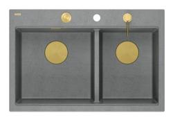 Quadri Hard Rock Doppelgraue Granit-Aufbauspüle 76x50 cm mit goldenem Stopfen und Zubehör 1208971394