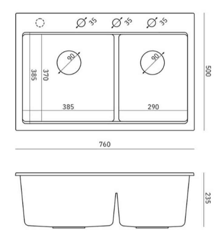 Quadri Hard Rock Doppelgraue Granit-Aufbauspüle 76x50 cm mit goldenem Stopfen und Zubehör 1208971394