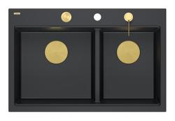 Quadri Hard Rock Doppeltes Schwarzes Granit-Aufbauspülbecken 76x50 cm mit goldenem Stopfen und Zubehör 1208971395